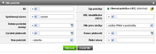 Filtr položek